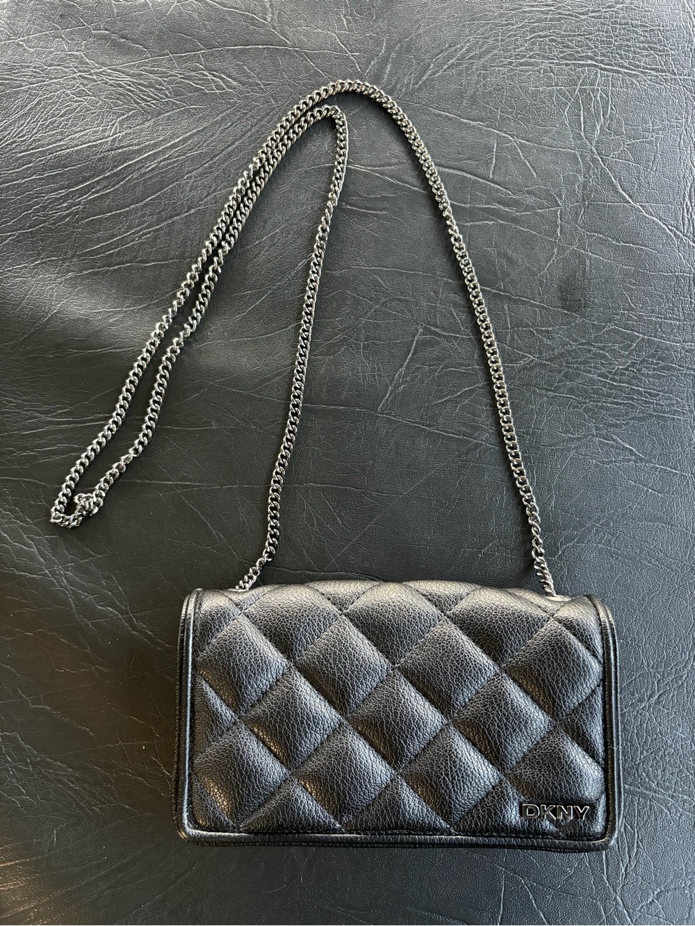DKNY Black Quilted Wallet on Chain Crossbody Bag Silver Hardware